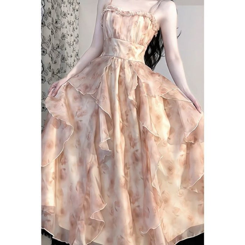 Fairy Oil Painting Suspender Smudged French Print Waist Sweet Lotus Leaf Seaside Vacation Elegant Two-Piece Dress Pink dress