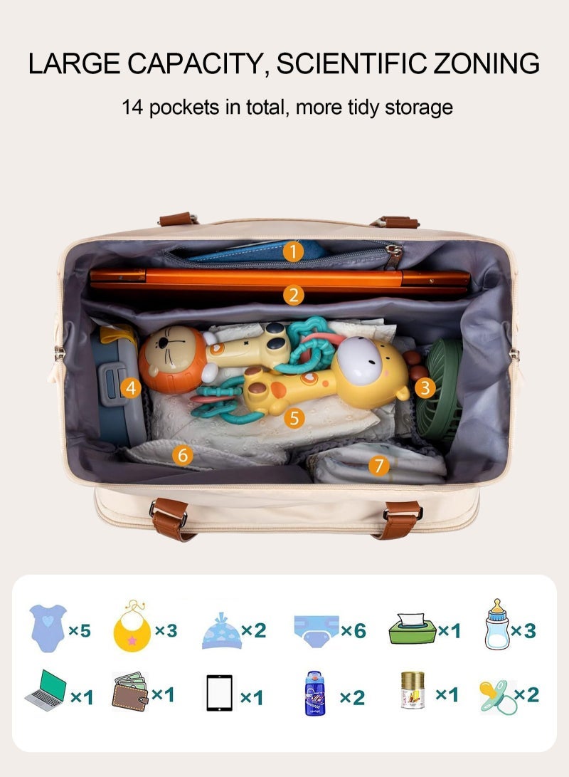 URbazaar حقيبة ظهر حفاضات URbazaar، حقيبة أطفال، 4 في 1 حقيبة حفاضات، حقيبة أم للمستشفى مع 14 جيب، حقيبة حفاضات للولادة، حقيبة سفر كبيرة مقاومة للماء للأطفال مع 2 جيب معزول، بيج - Image 3