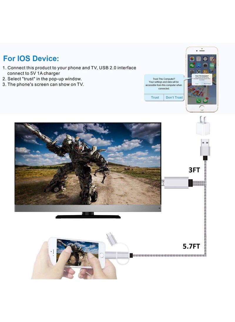 Generic - 3 in 1 HDMI Cable Adapter 1080P USB/Type-C to HDMI Adapter Mirror Mobile Phone Screen to TV/Projector/Monitor Compatible with Phone 13/12/11/S8/9/Note/8/9 and More - Image 1