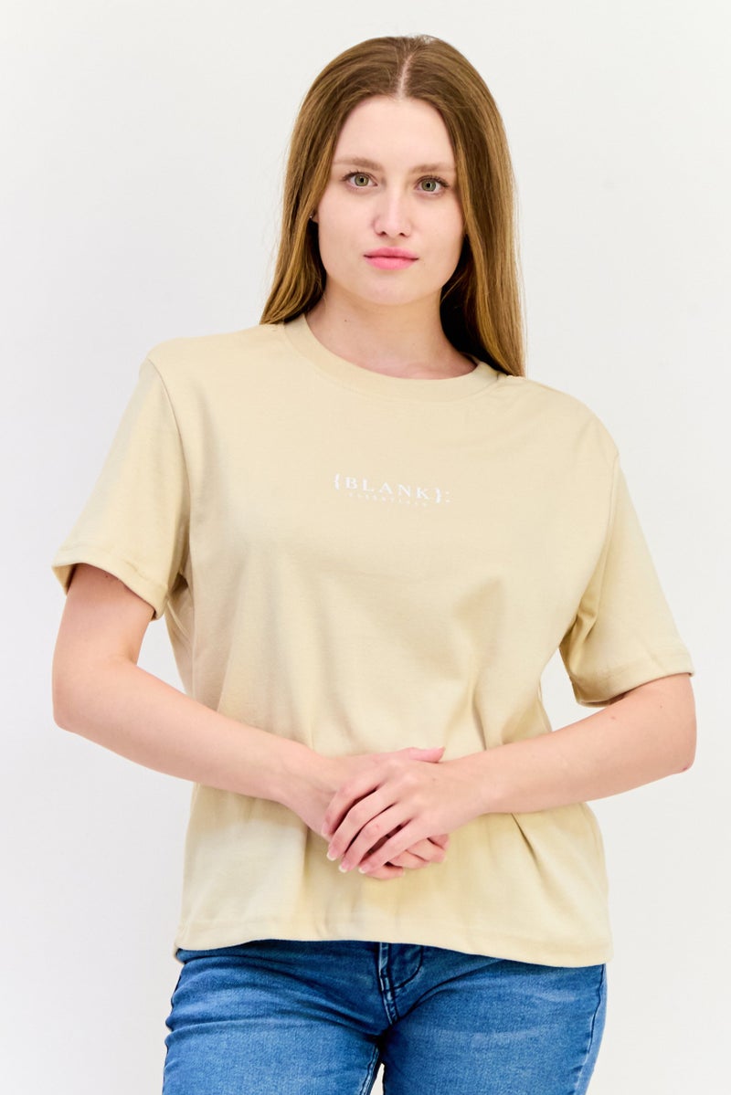 Blank Essentials Women Round Neck Short Sleeves Brand Logo T-Shirt, Beige - Image 1