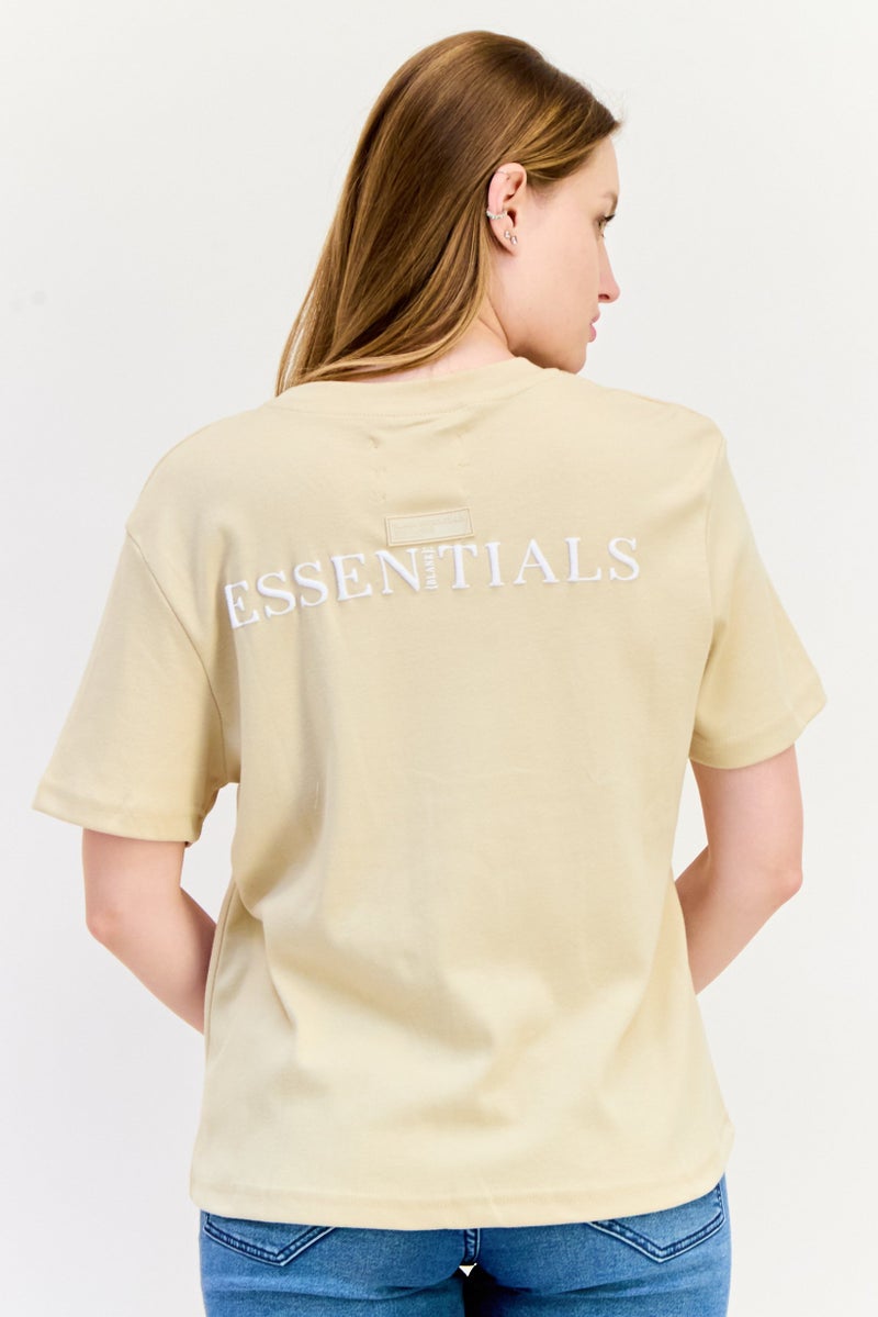 Blank Essentials Women Round Neck Short Sleeves Brand Logo T-Shirt, Beige - Image 2