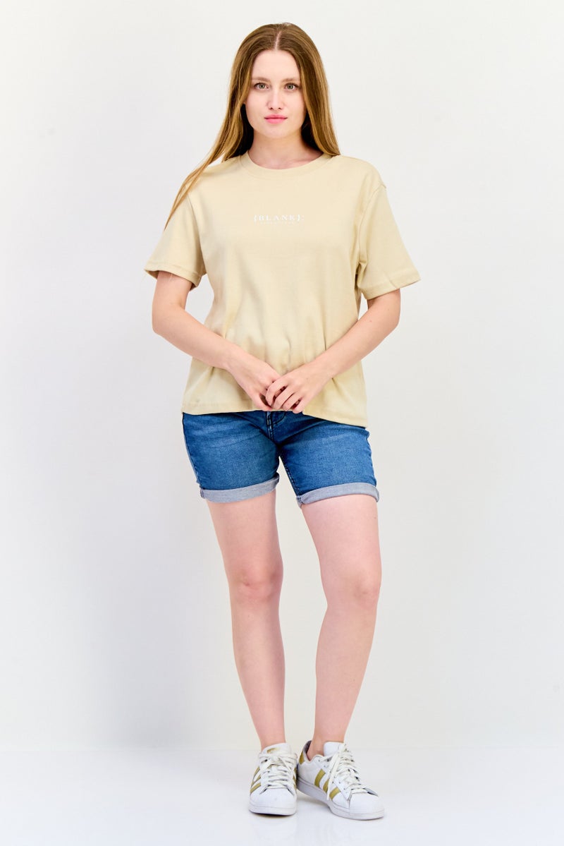 Blank Essentials Women Round Neck Short Sleeves Brand Logo T-Shirt, Beige - Image 3