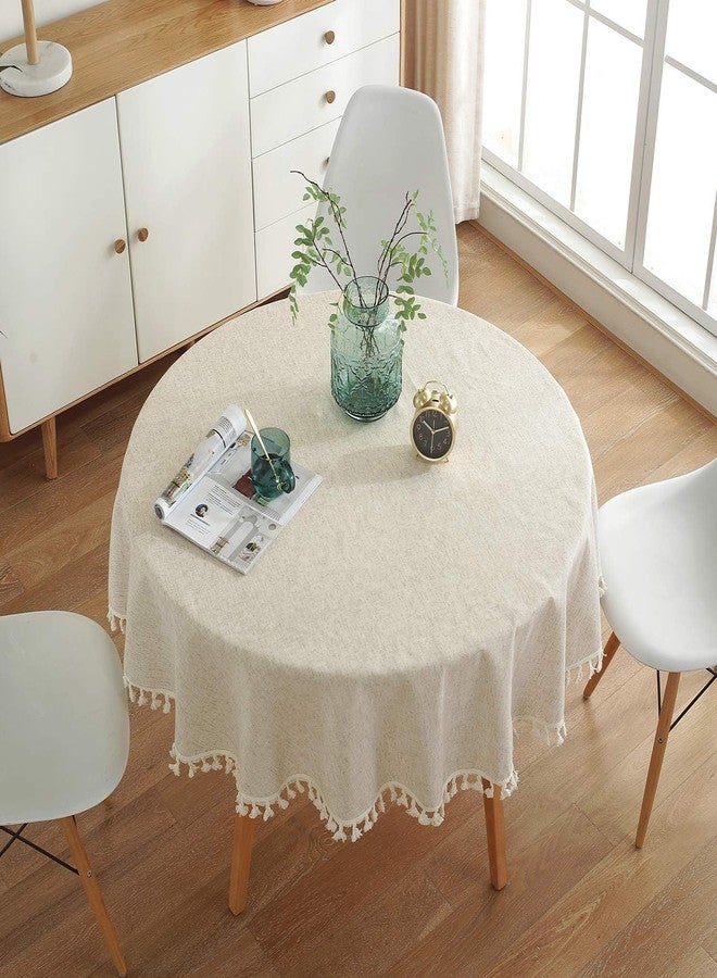 ColorBird Solid Color Tassel Tablecloth Cotton Linen Dust-Proof Shrink-Proof Table Cover for Kitchen Dining Farmhouse Tabletop Decoration (Round, 60 Inch, Neutral) - Image 3