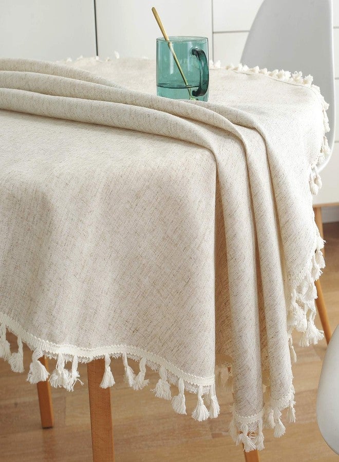 ColorBird Solid Color Tassel Tablecloth Cotton Linen Dust-Proof Shrink-Proof Table Cover for Kitchen Dining Farmhouse Tabletop Decoration (Round, 60 Inch, Neutral) - Image 5