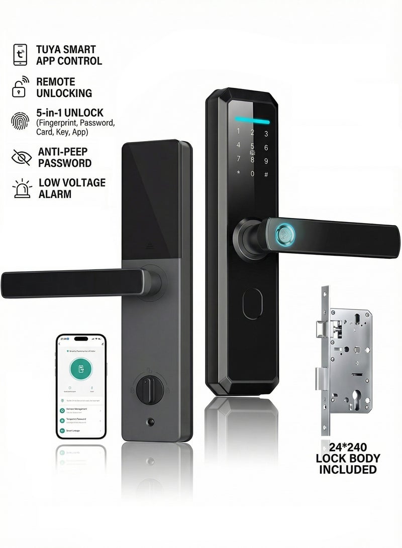 OSSO Smart Lock All-Aluminum Body Tempered Glass Panel Fingerprint Door Lock 5-in-1 Unlock Keyless Entry Smart Door Lock Fingerprint Passcode IC Card Mechanical Key Anti-Peep Password Long Battery 24x240 Lock Body Included - Image 1