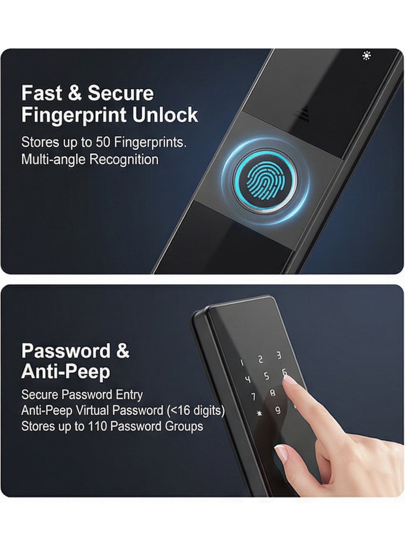 OSSO Smart Lock All-Aluminum Body Tempered Glass Panel Fingerprint Door Lock 5-in-1 Unlock Keyless Entry Smart Door Lock Fingerprint Passcode IC Card Mechanical Key Anti-Peep Password Long Battery 24x240 Lock Body Included - Image 5