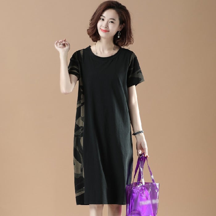 Large size 200kg mid-length dress womens summer fat MM belly-covering slimming printed stitching short sleeve A- line skirt womens fashion Picture Color