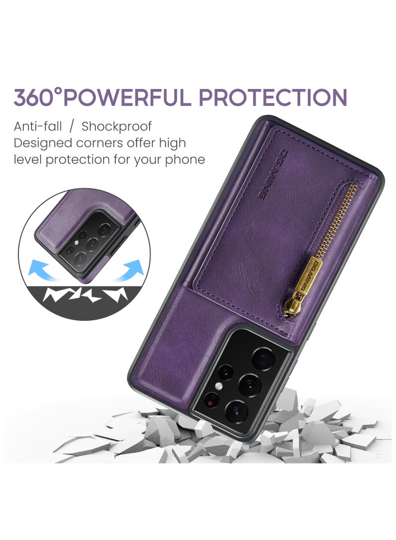 DGMING CaseMe Wallet Case for Samsung Galaxy S21 Ultra DGMING Premium Leather Phone Case Back Cover Magnetic Detachable with Trifold Wallet Card Holder Pocket - Purple - Image 2