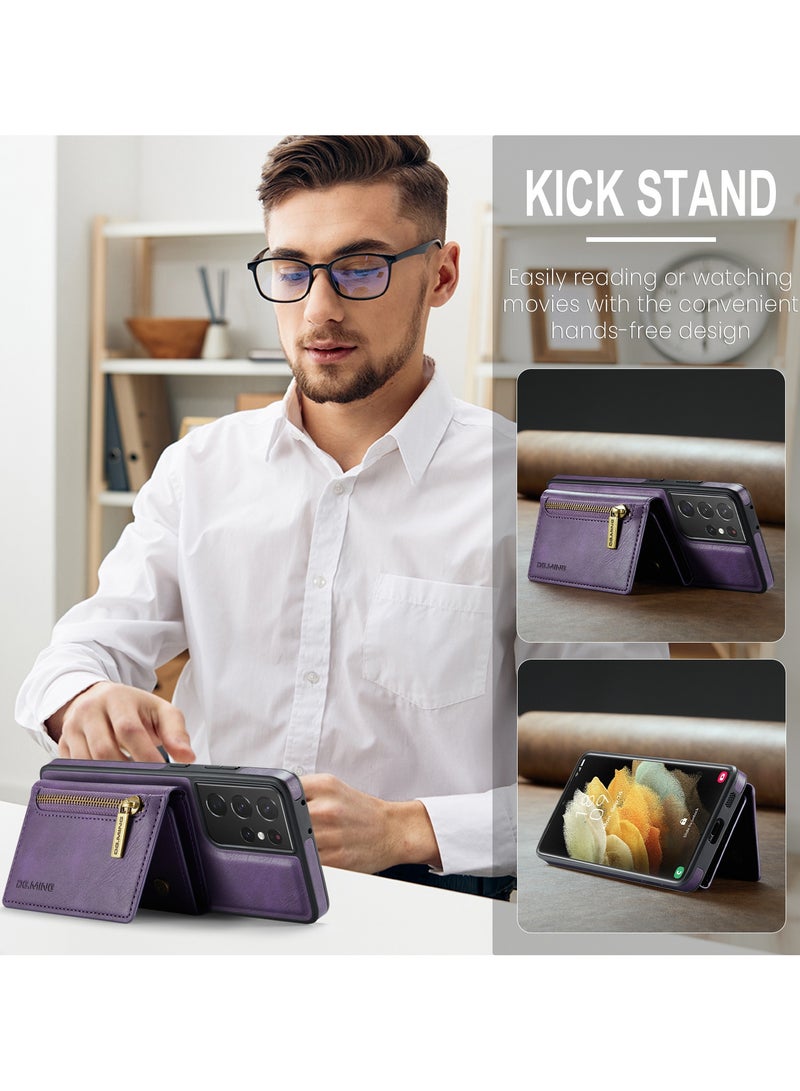 DGMING CaseMe Wallet Case for Samsung Galaxy S21 Ultra DGMING Premium Leather Phone Case Back Cover Magnetic Detachable with Trifold Wallet Card Holder Pocket - Purple - Image 4