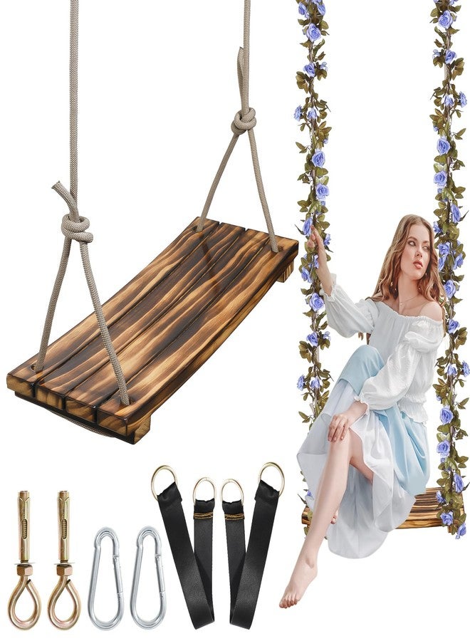 FOKOL 2026 Upgraded Large Wooden Swing Seat, 24"x 8", Hanging Tree Swing for Adults & Kids, 500lbs Load, Adjustable Nylon Rope & Tree Straps, Indoor/Outdoor Swings with Purple Floral Garland - Image 1