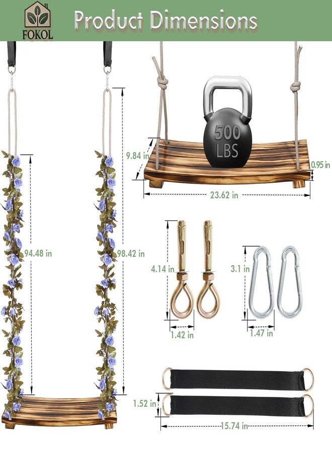 FOKOL 2026 Upgraded Large Wooden Swing Seat, 24"x 8", Hanging Tree Swing for Adults & Kids, 500lbs Load, Adjustable Nylon Rope & Tree Straps, Indoor/Outdoor Swings with Purple Floral Garland - Image 2
