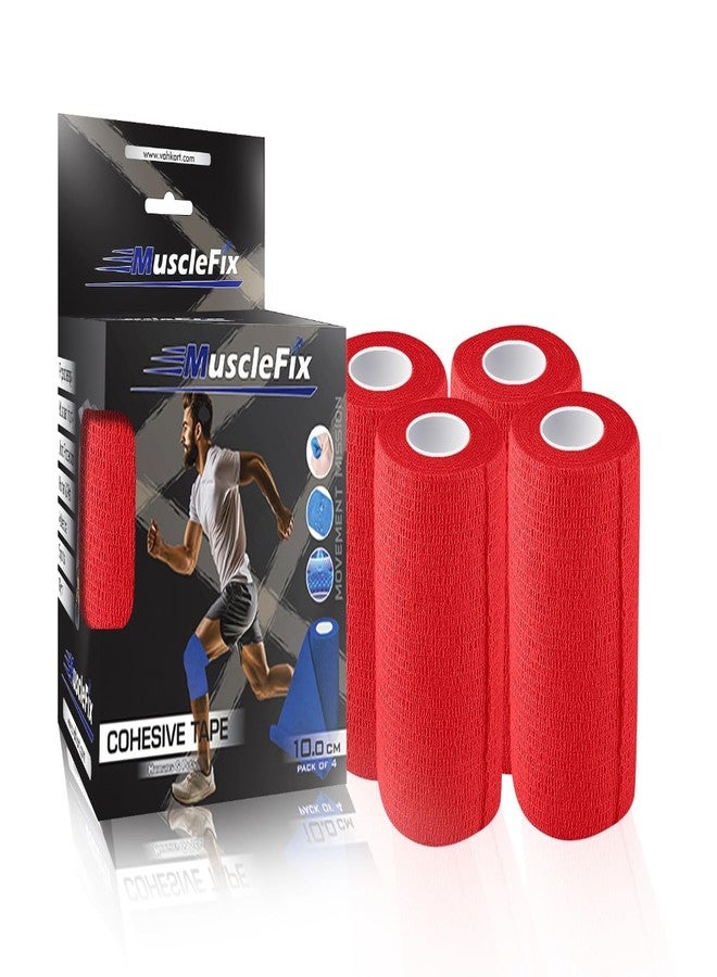 MuscleFix Cohesive Bandage Wrap 10cm x 4.5m, Self Adhesive Crepe Bandage| Athletic Sports Tape for Wrist, Ankle & Knee Support | Breathable, First Aid & Veterinary Wrap (Pack of 4, Red) - Image 1