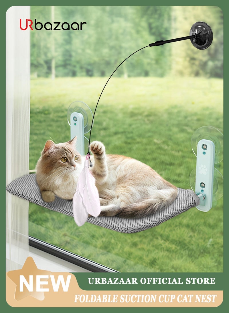 أوربازار أرجوحة قطط قابلة للطي للنافذة - لاسلكية، سرير مبطن مدمج قابل للغسل في الغسالة، إطار معدني قوي - مجثم نافذة للقطط الكبيرة والقطط الصغيرة (لعبة عصا قطط إضافية) - Image 1