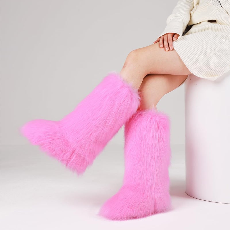 CELNEPHO Pink Women's Fur Boot Comfortable Furry Knee High Boots Round Toe Warm Snow Boots Fashion Winter Boots - Image 2