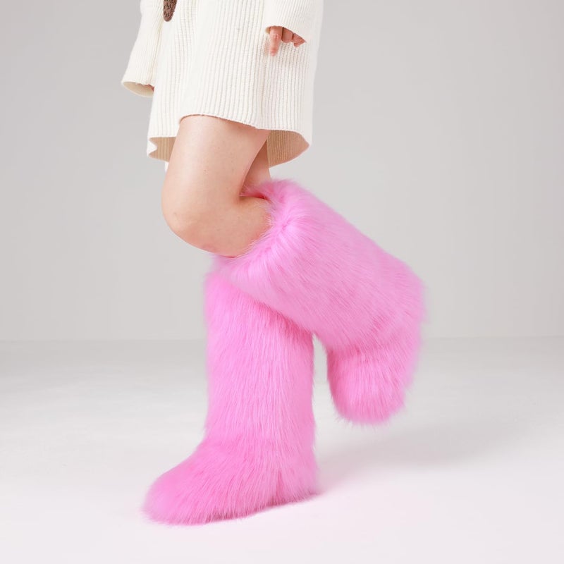 CELNEPHO Pink Women's Fur Boot Comfortable Furry Knee High Boots Round Toe Warm Snow Boots Fashion Winter Boots - Image 3