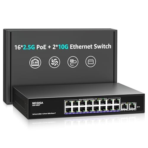 NICGIGA 10Gbe Ethernet Switch Unmanaged with 2 x 10Gb RJ45 Ports + 16 x 2.5Gb Base-T Ports, Desktop/19-inch Rack Mount, NICGIGA 18 Port 10Gbps Network Switch for Wireless AP, NAS, PC - Image 1