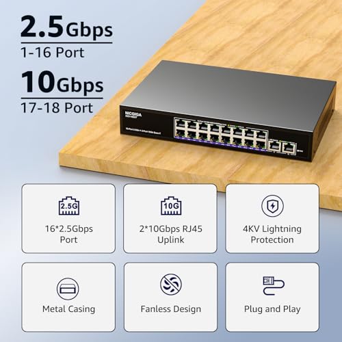 NICGIGA 10Gbe Ethernet Switch Unmanaged with 2 x 10Gb RJ45 Ports + 16 x 2.5Gb Base-T Ports, Desktop/19-inch Rack Mount, NICGIGA 18 Port 10Gbps Network Switch for Wireless AP, NAS, PC - Image 3