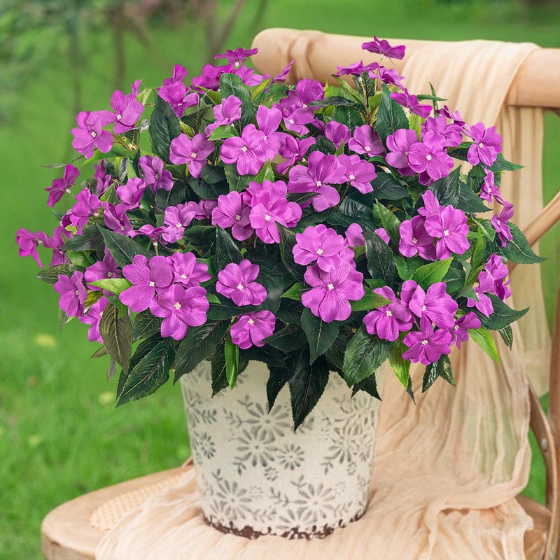 Uqueeten Artificial Impatiens Bouquet Flowers for Outdoors Silk Faux Flowers for Outdoor Impatiens Plants Decor Indoor Planters Kitchen Planters and Balcony Decorations 4PCS Purple
