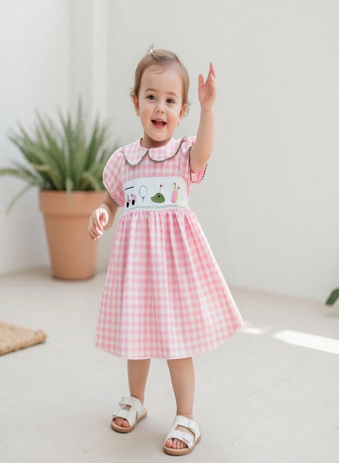 GOOCHEER Toddler Baby Girl Golf Smocked Puff Short Sleeve Dress 12 18 Month 2T 3T 4T 5T Collared Plaid Tunic Playwear Dresses (Pink, 2-3 Years) - Image 3