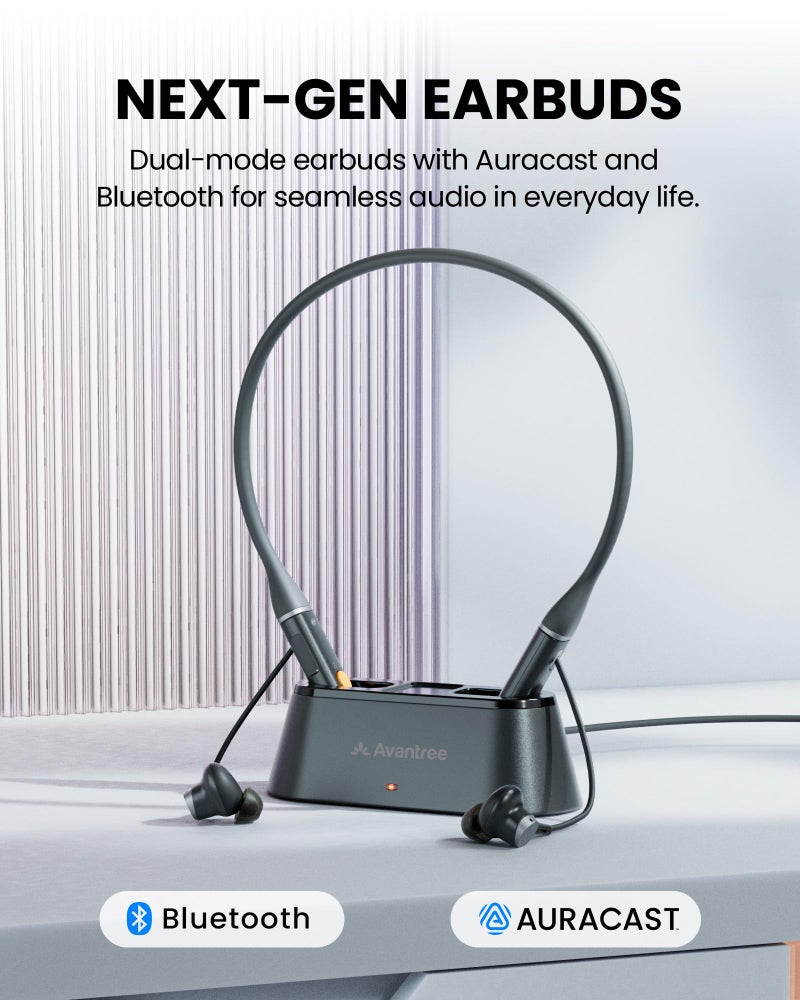 Avantree Loop Dock â€“ Auracast & Bluetooth Neckband Earbuds with Drop-in Charging Dock, Low-Latency Audio, 3 EQ Modes with Voice Clear, Comfortable All-Day Wear for TV, PC, Phone & Daily Listening - Image 3