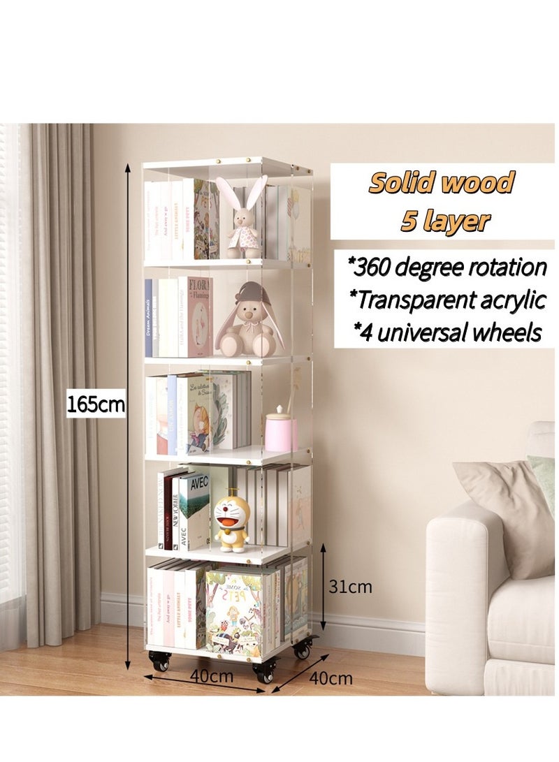 الاكريليك الدوار رف الكتب ، 5 طبقة الطابق الوقوف رف الكتب لتوفير المساحة ، 360 درجة الدوار خشبية عرض وقف رف التخزين مع 4 عجلات عالمية لتنظيم التخزين (أبيض ، SGG039-5) - Image 5