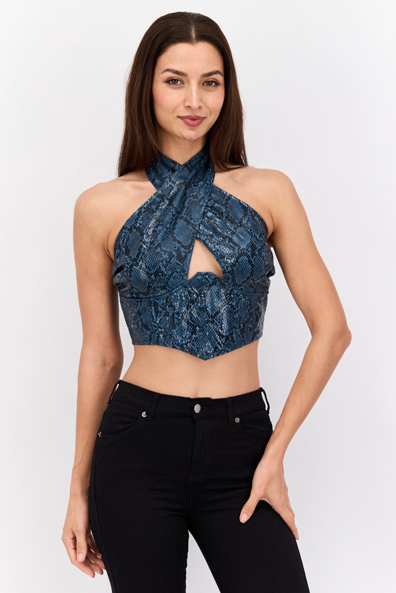 Missguided Women Halter Neck Snake Print Crop Top,  Teal Blue - Image 1