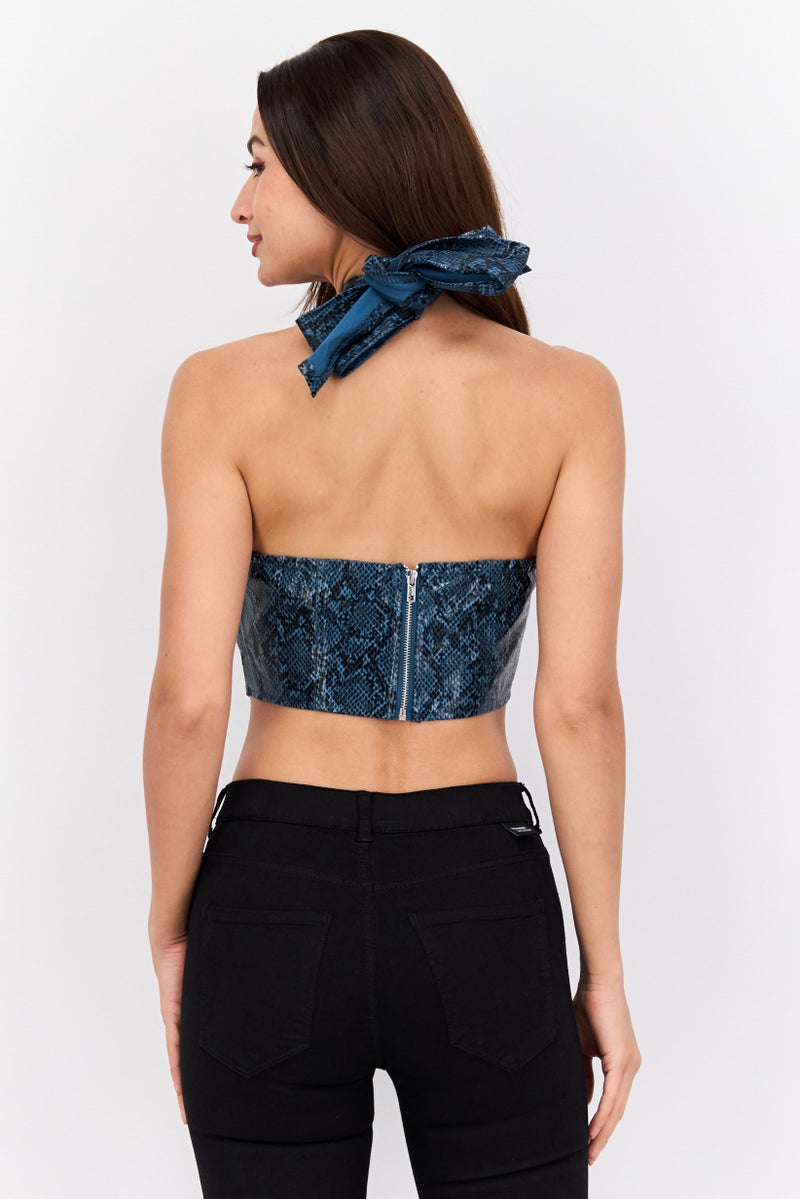 Missguided Women Halter Neck Snake Print Crop Top,  Teal Blue - Image 3