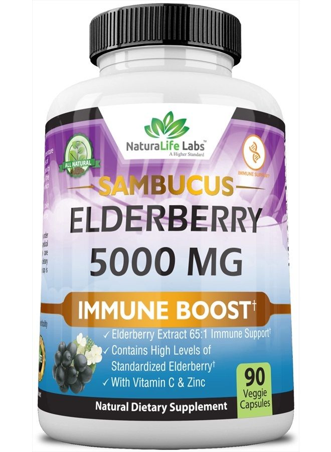 NaturaLife Labs Sambucus Elderberry 5,000 mg Super Concentrated 65:1 with Vitamin C & Zinc - Sambucus Extract Immune Support, Immune Defense| Non-GMO | 90 Veggie Capsules - Image 1