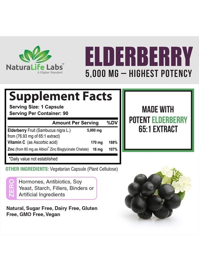 NaturaLife Labs Sambucus Elderberry 5,000 mg Super Concentrated 65:1 with Vitamin C & Zinc - Sambucus Extract Immune Support, Immune Defense| Non-GMO | 90 Veggie Capsules - Image 2