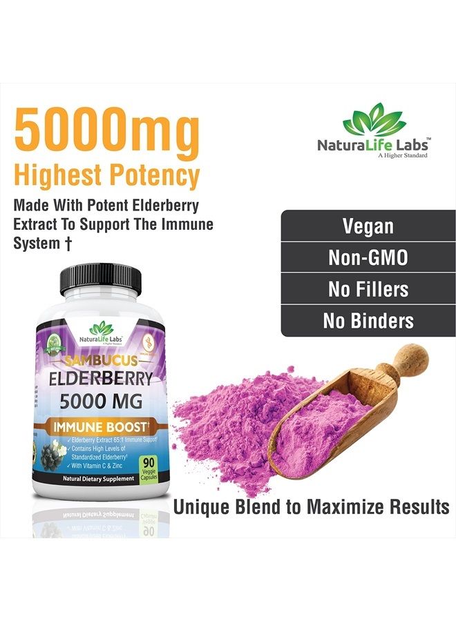 NaturaLife Labs Sambucus Elderberry 5,000 mg Super Concentrated 65:1 with Vitamin C & Zinc - Sambucus Extract Immune Support, Immune Defense| Non-GMO | 90 Veggie Capsules - Image 3