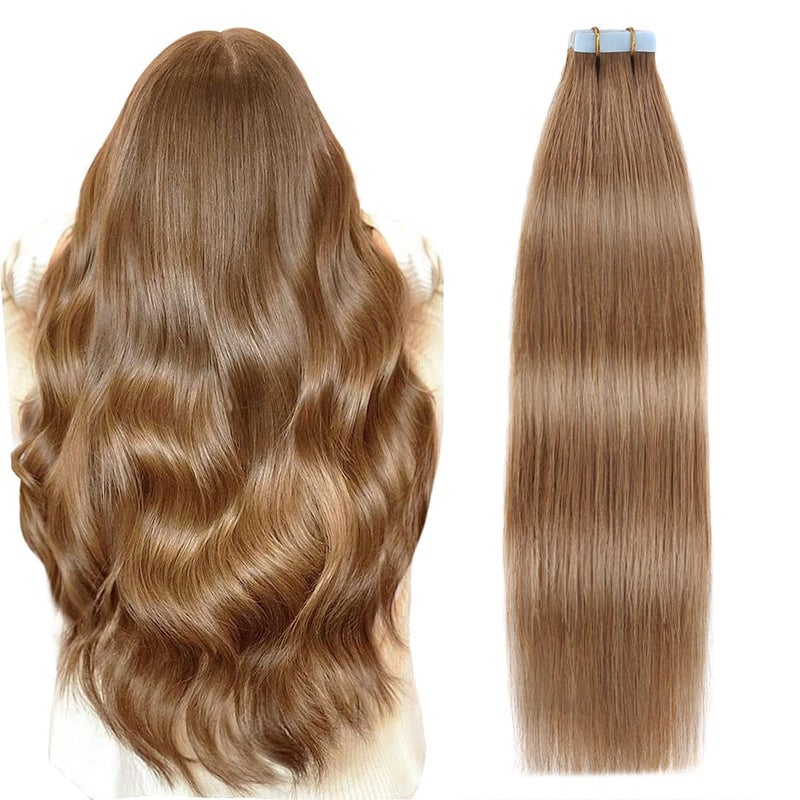 SUYYA Tape in Hair Extensions Human Hair Light Brown 18 inches 50g 20pcs Straight Seamless Skin Weft Tape in Human Hair Extensions18 inches 8 Light Brown