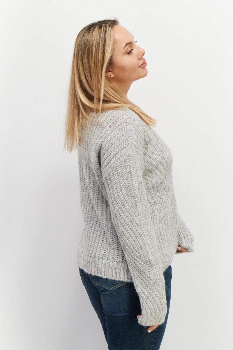 ESPRIT Women Crew Neck Knitted Sweaters, Grey - Image 3