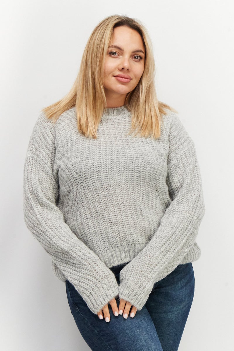 ESPRIT Women Crew Neck Knitted Sweaters, Grey - Image 1