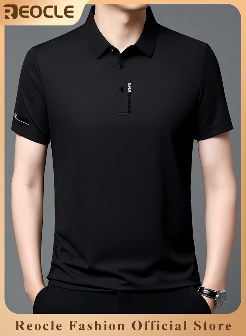 ريوكل قميص بولو صيفي قمصان رجالية بأكمام قصيرة رقيقة وقابلة للتنفس بياقة مقلوبة وقميص بولو سادة للمناسبات العملية والأعمال بمقاس عادي - Image 1
