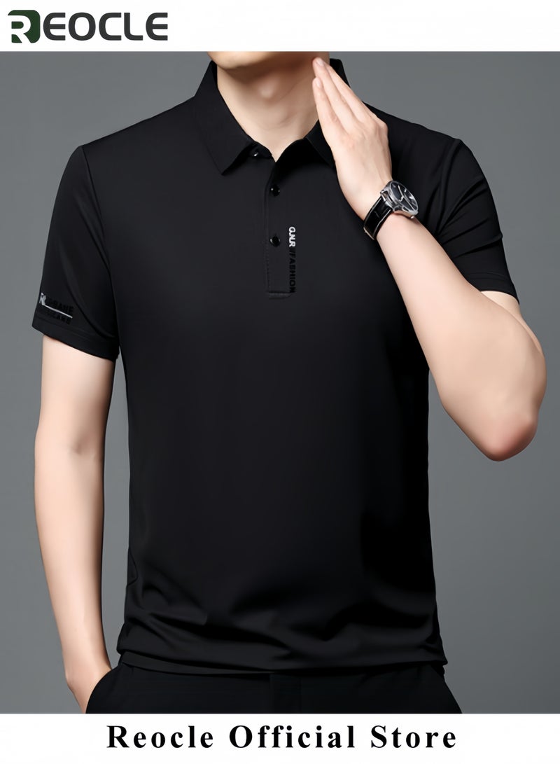 ريوكل قميص بولو صيفي قمصان رجالية بأكمام قصيرة رقيقة وقابلة للتنفس بياقة مقلوبة وقميص بولو سادة للمناسبات العملية والأعمال بمقاس عادي - Image 3