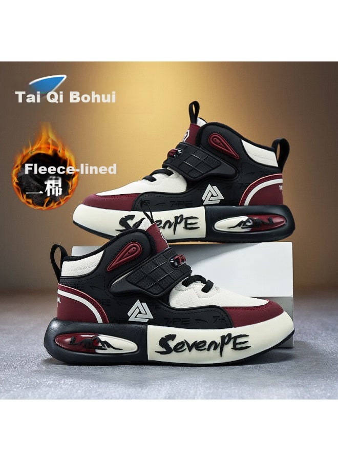 7-pe Boys' Winter Fleece-lined Waterproof Leather High-top Casual Sports Shoes With Soft Sole - Image 1