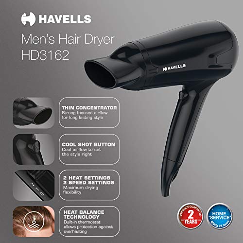 Havells HD3162 Men's 1565 Watts Powerful Hair Dryer with Thin Concentrator and Cool Shot Button; Heat Balance Technology (Black) - Image 3