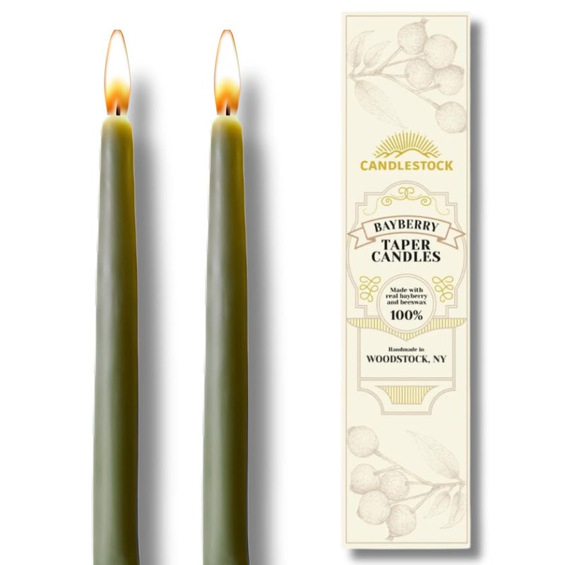 Candlestock Real Bayberry Taper Candle Pair 8 inch Pure Bayberry and Pure 100 USA Beeswax Blend Dripless Taper Candle Pair
