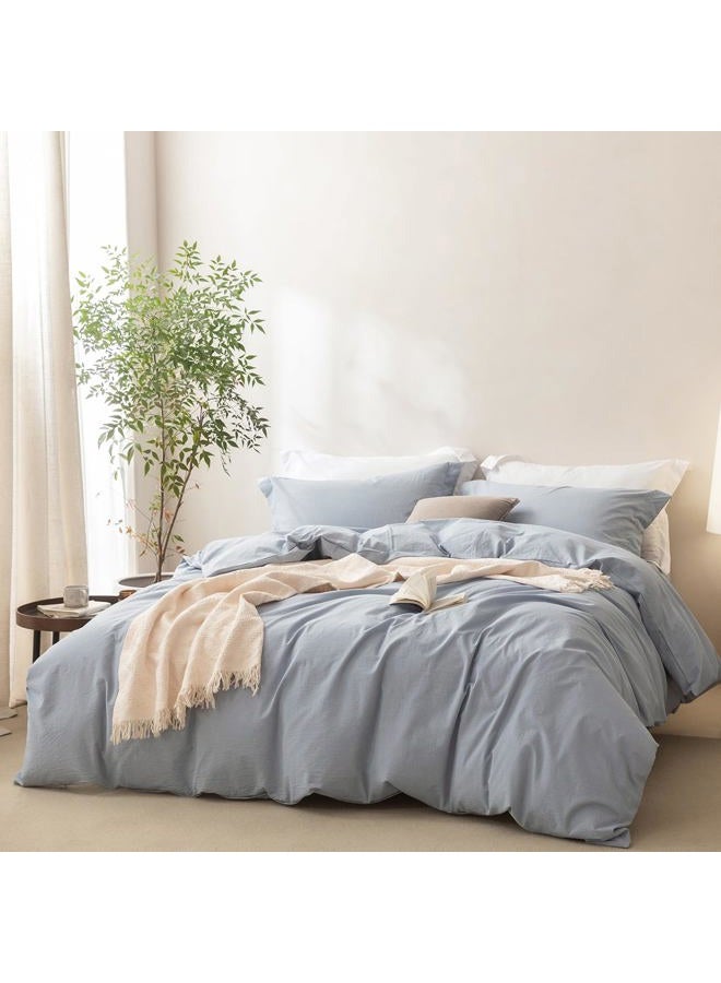 BDEAR Linen Feel Duvet Cover Queen Size, 100% Washed Cotton Comforter Cover 90x90inch with Zipper Closure Plus 2 Pillowcases, Solid-Cornflower Blue - Image 1