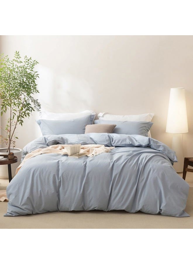 BDEAR Linen Feel Duvet Cover Queen Size, 100% Washed Cotton Comforter Cover 90x90inch with Zipper Closure Plus 2 Pillowcases, Solid-Cornflower Blue - Image 3