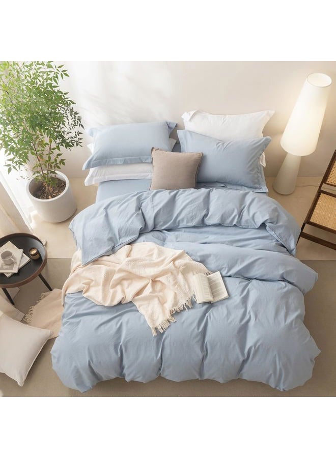 BDEAR Linen Feel Duvet Cover Queen Size, 100% Washed Cotton Comforter Cover 90x90inch with Zipper Closure Plus 2 Pillowcases, Solid-Cornflower Blue - Image 4
