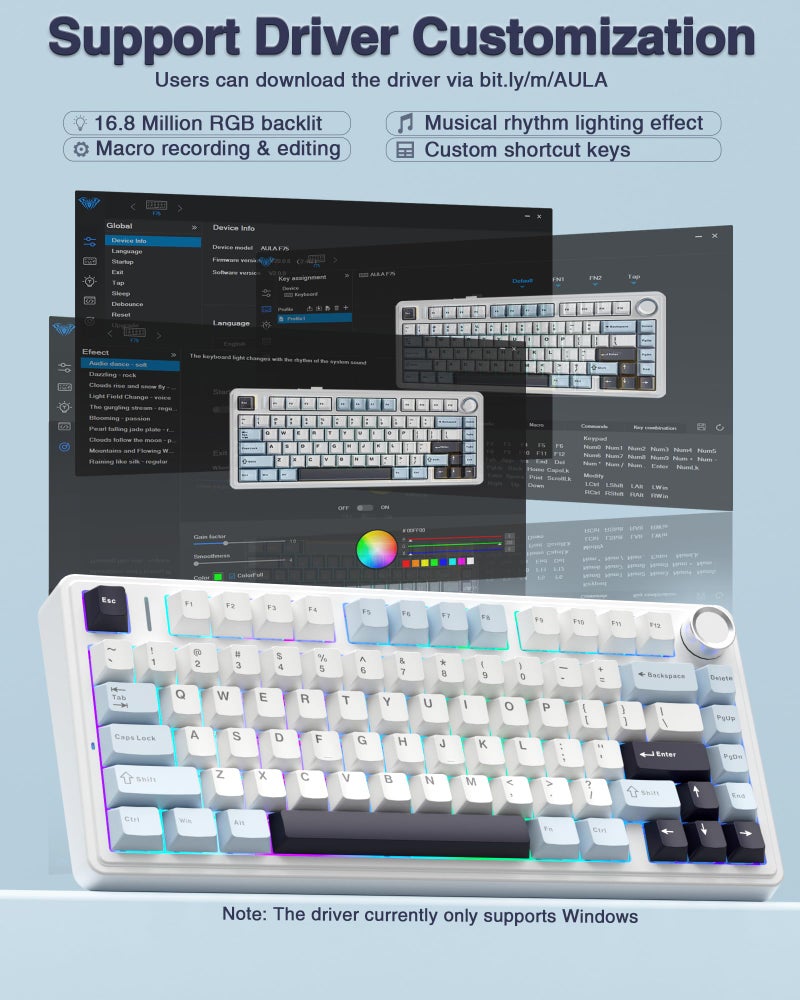 AULA F75 75% Wireless Mechanical Keyboard,2.4Ghz/Type-C/BT5.0 Gaming Keyboards,Advanced Structure,Side Engraved,RGB Backlight,Hot Swappable Custom Keyboard for PC/Mac (White) - Image 5