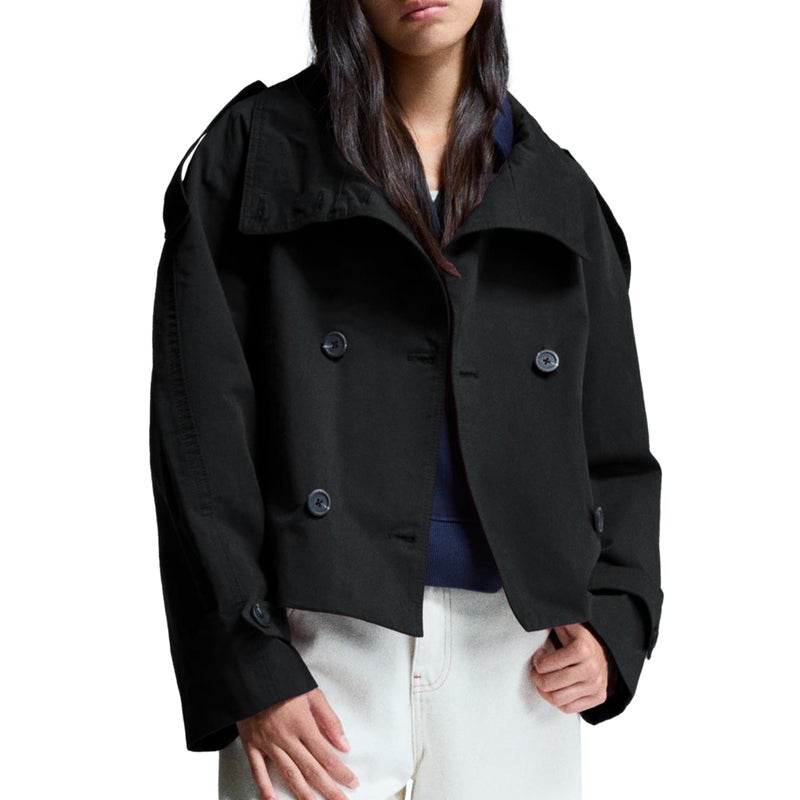 Maohao Women's Cropped Trench Coat Double Breasted Short Jacket High Collar Fall Winter Coats Trendy Outfit with Belt(Black,S) - Image 2