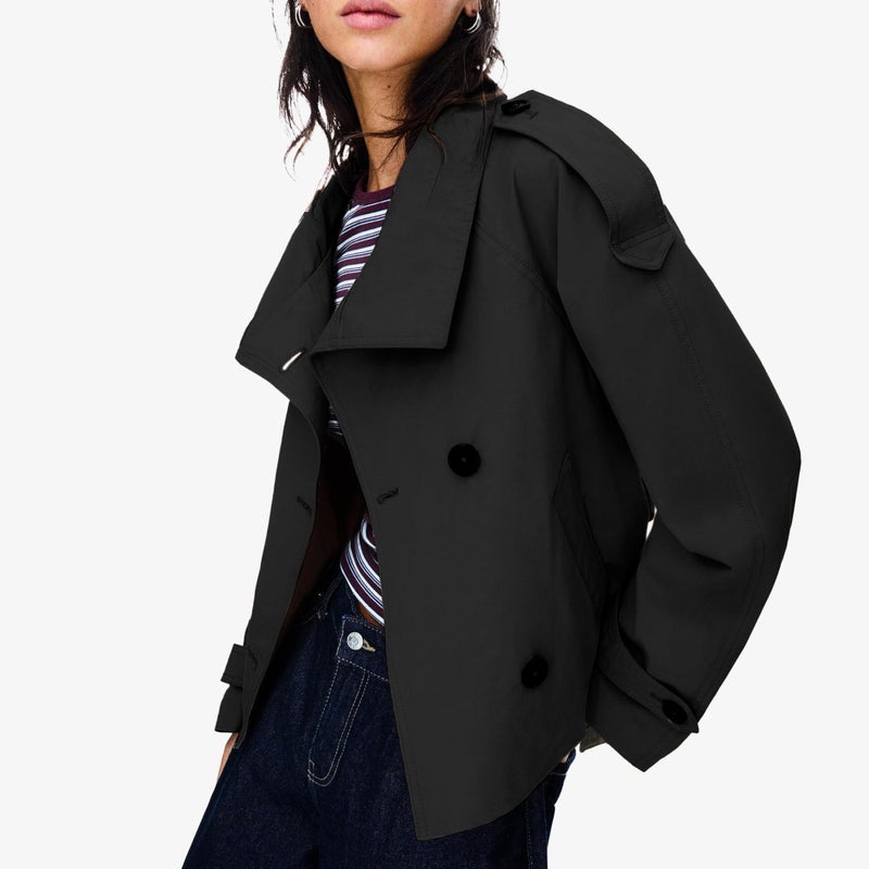 Maohao Women's Cropped Trench Coat Double Breasted Short Jacket High Collar Fall Winter Coats Trendy Outfit with Belt(Black,S) - Image 3