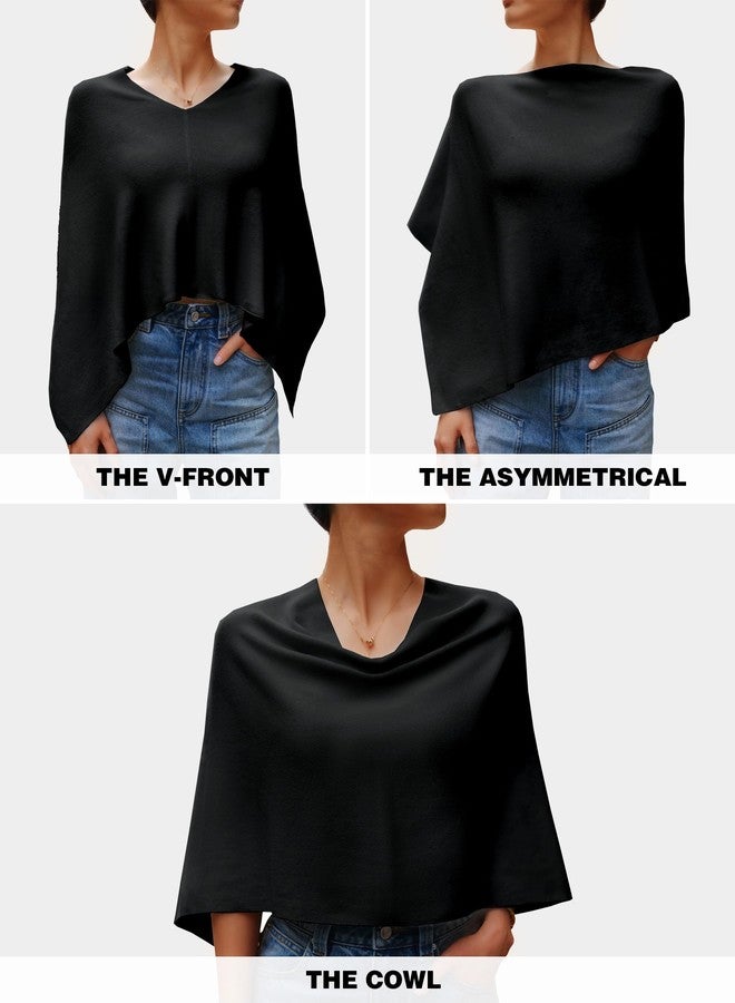 PULI Women Capri Poncho Sweater Slimming Fit Cropped Versatile Shawl Soft Knit Wraps Cowl Neck Short Tops Black - Image 5