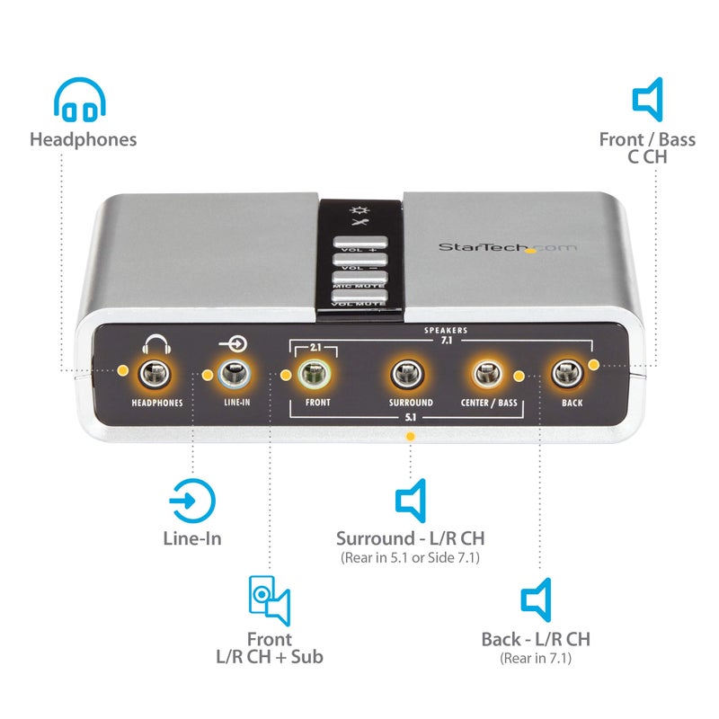 Startech.com StarTech.com 7.1 USB Sound Card - External Sound Card for Laptop with SPDIF Digital Audio - Sound Card for PC - Silver (ICUSBAUDIO7D)  - Image 3