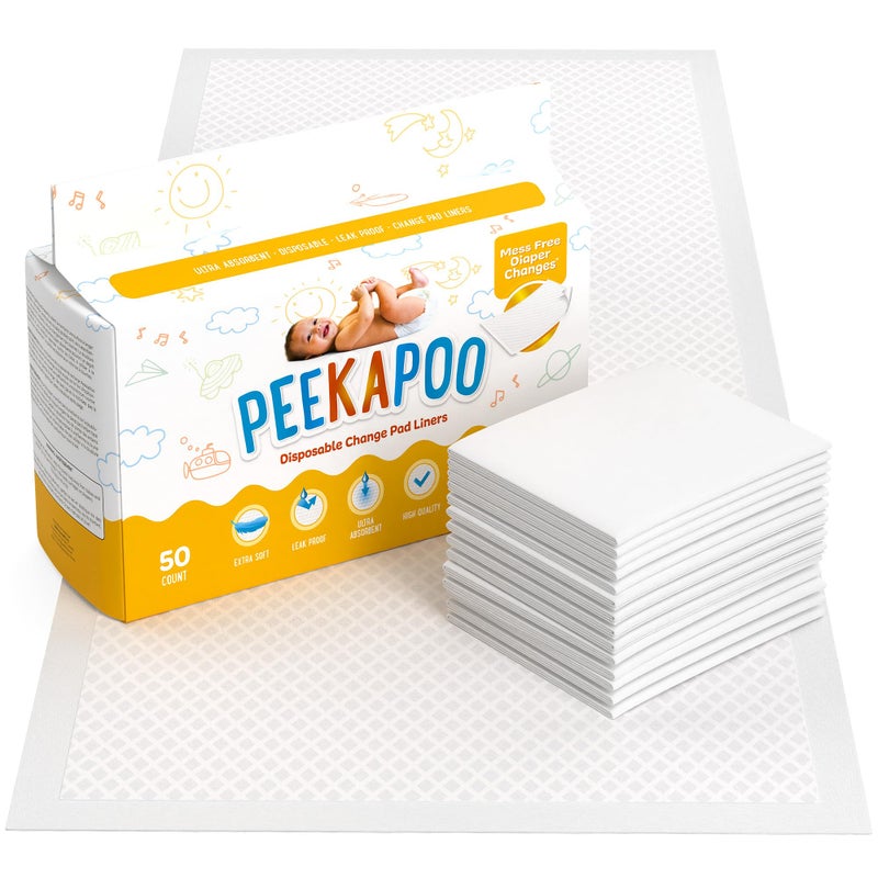 Peekapoo  Disposable Changing Pad Liners 100 Pack Super Soft Ultra Absorbent  Waterproof  Covers Any Surface for Mess Free Baby Diaper Changes