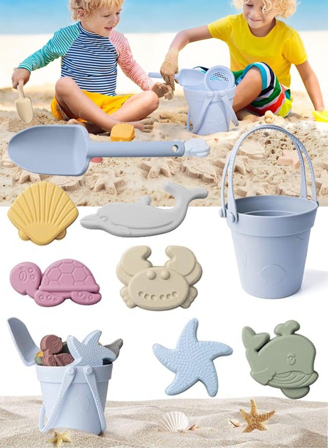 VUCATIN Silicone Sand Toys for Baby with Portable Beach Bag - Kids Beach Set with Beach Toy Molds Shovel Bucket Set - Sand Toys Toddler Sandbox Toys for Kids Outdoor Summer Playset (Blue)  - Image 1