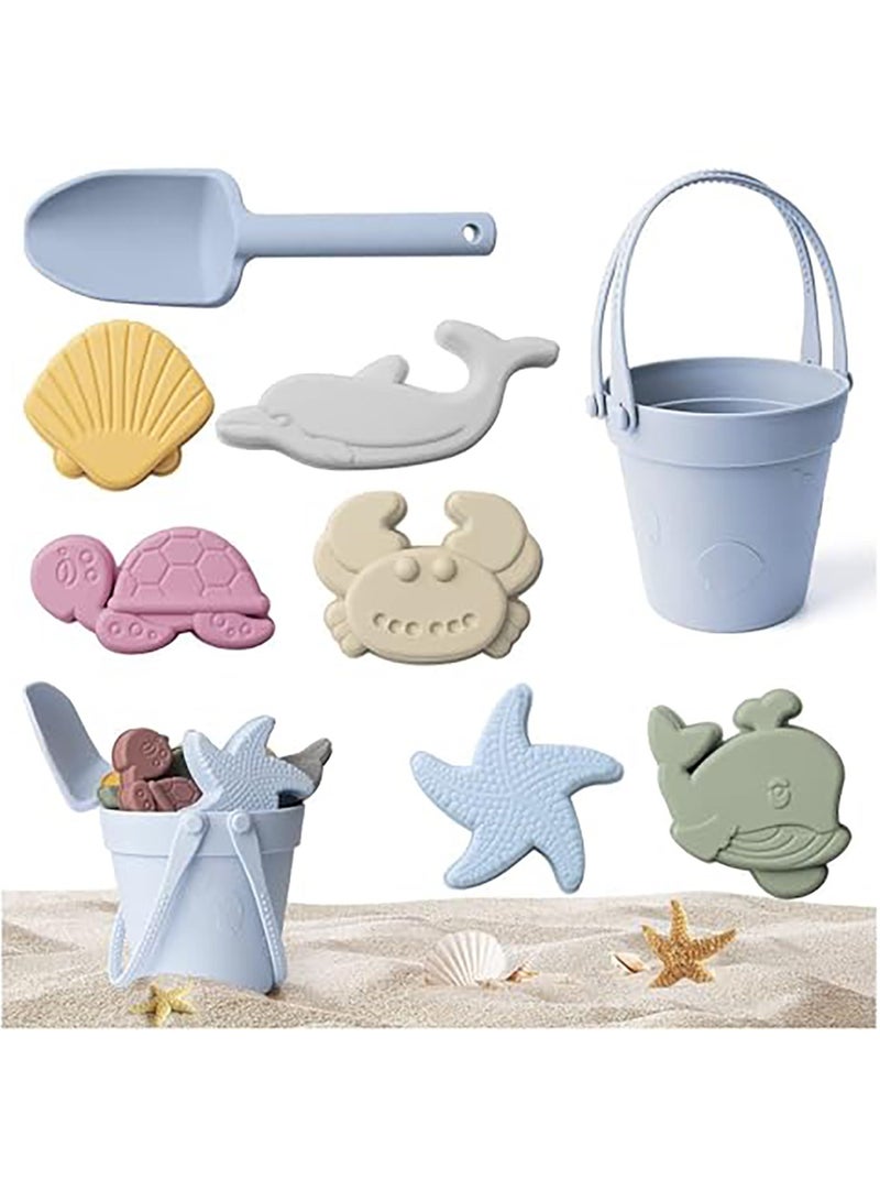 VUCATIN ألعاب رمل سيليكون للأطفال مع حقيبة شاطئ محمولة - مجموعة ألعاب شاطئ للأطفال مع قوالب ألعاب شاطئ، مجموعة دلو مجرفة - ألعاب رمل، ألعاب صندوق رمل للأطفال الصغار، مجموعة ألعاب صيفية خارجية (أزرق) - Image 1
