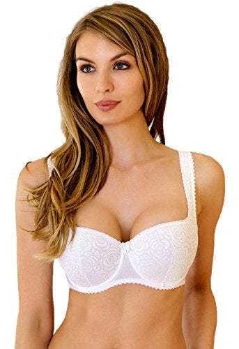 Rosme Women's Balconette Bra with Push Up Effect – Plus Size Sexy Lace Demi Half Cup Bra – Lightly Padded Underwired Low Cut Mesh Design Annija, White, Size 44D - Image 4
